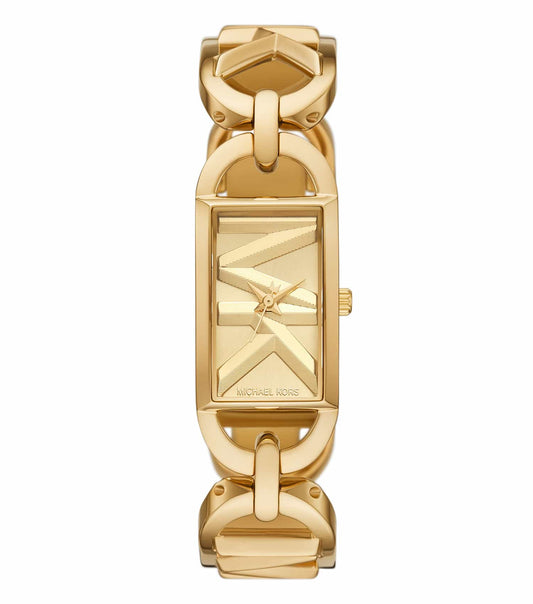 Michael Kors gold watch, side angle showcasing elegant dial and bracelet with meticulous design details, perfect for luxury lovers.