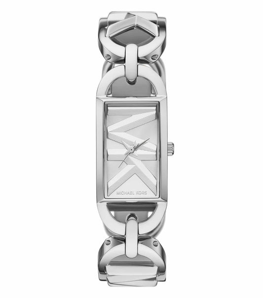 Michael Kors silver watch with a sophisticated design, photographed at a 30-degree angle, showcasing elegant metal links.