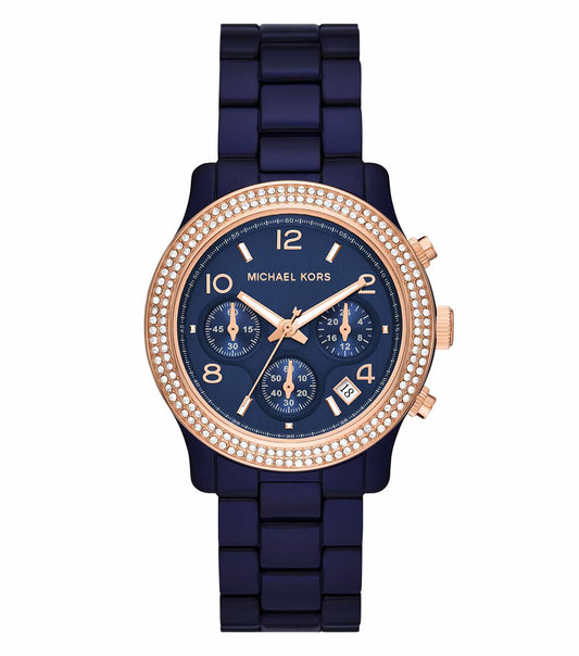 Elegant Michael Kors Blue Watch featuring a chic, front-facing angle, showcasing its stylish blue band and sleek design.