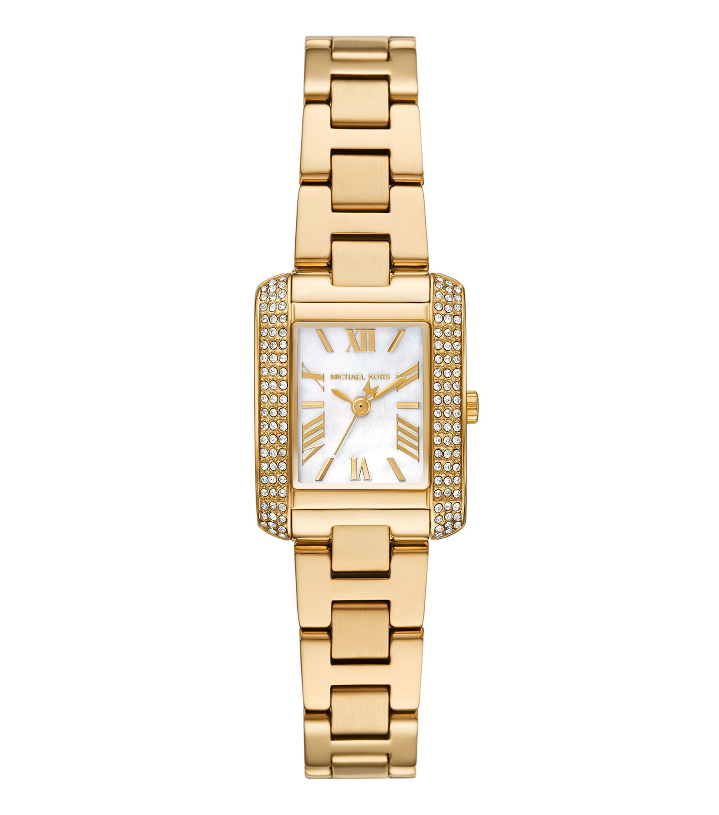 Michael Kors EMERY Watch, front angle; elegant gold-tone design, sparkling accents, chic fashion accessory for timeless style.