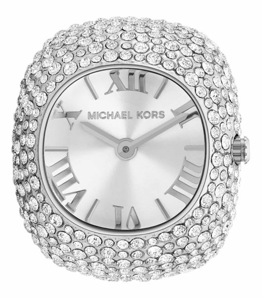 Michael Kors quartz watch with a sleek round face, detailed hands, and stainless steel bracelet, side angle view.