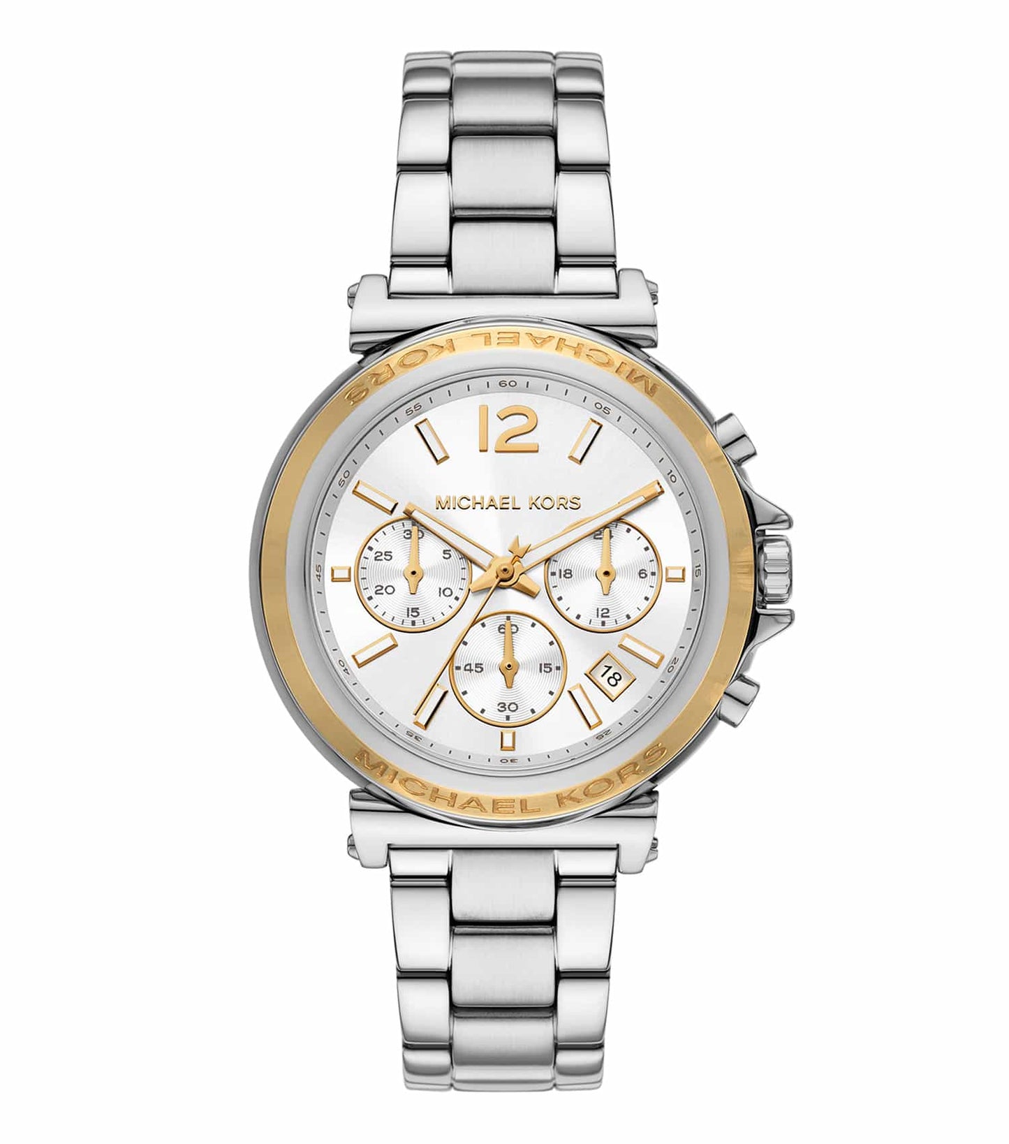 Michael Kors quartz watch in silver color displayed from a side angle, showcasing its elegant design and sleek metallic band.