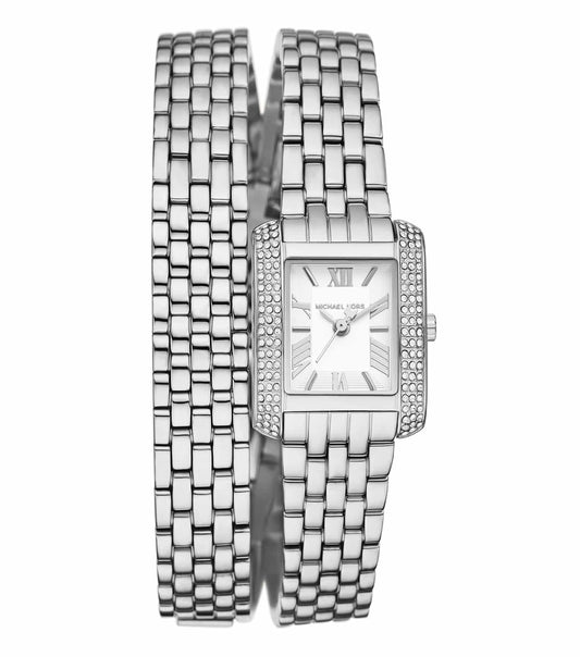 Michael Kors sleek watch in monochrome tone, front-facing angle; classic design, luminous hands, passionate about timeless style.