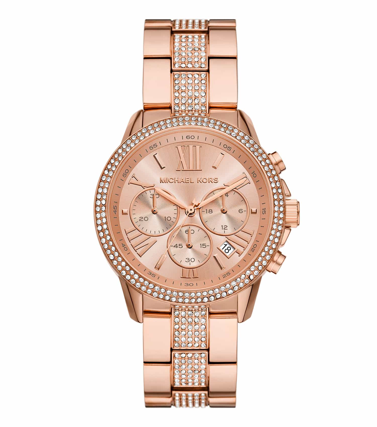 Michael Kors quartz-colored watch elegantly displayed at a side angle, highlighting the sleek design and luxurious craftsmanship.