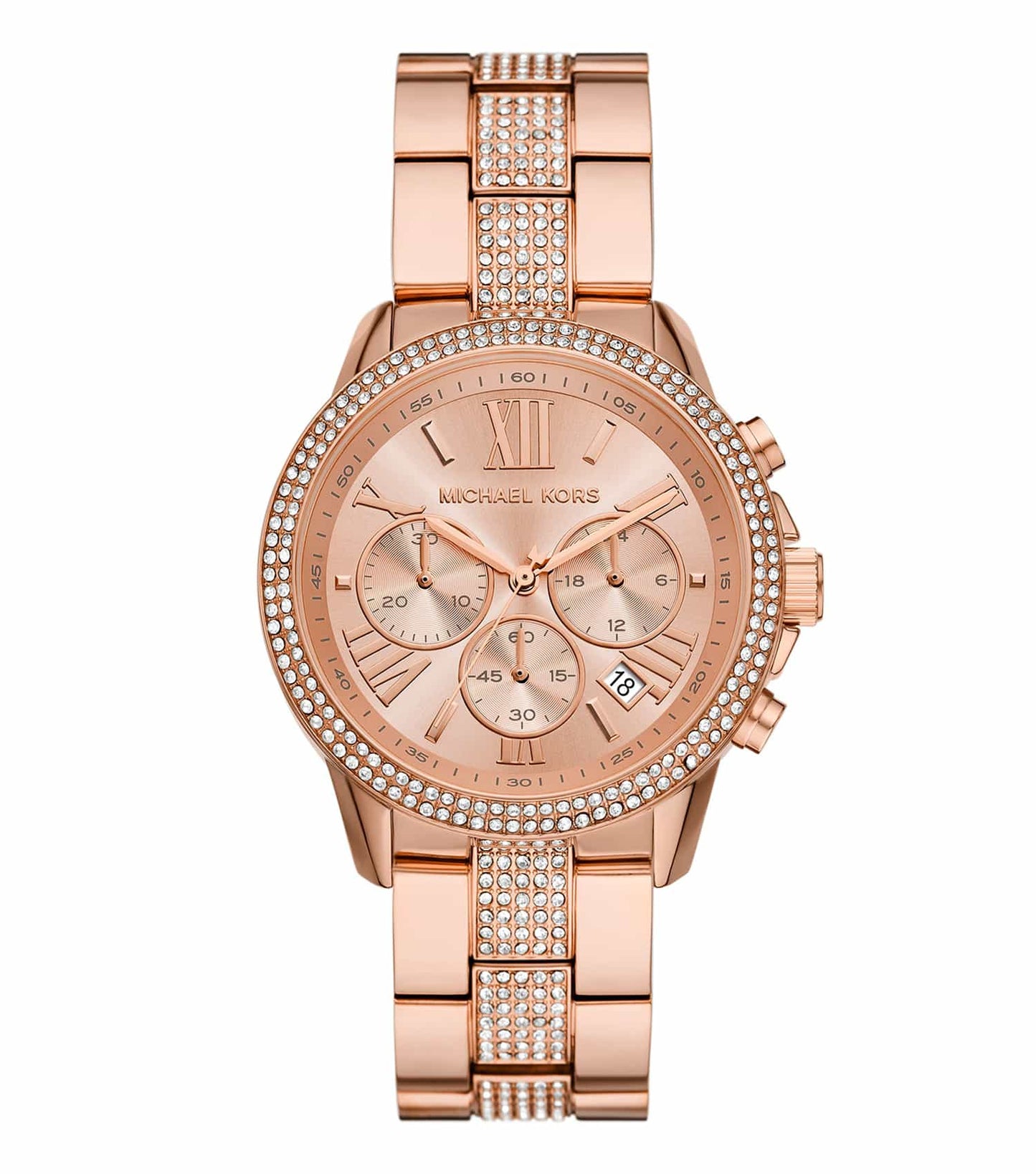 Michael Kors quartz-colored watch elegantly displayed at a side angle, highlighting the sleek design and luxurious craftsmanship.