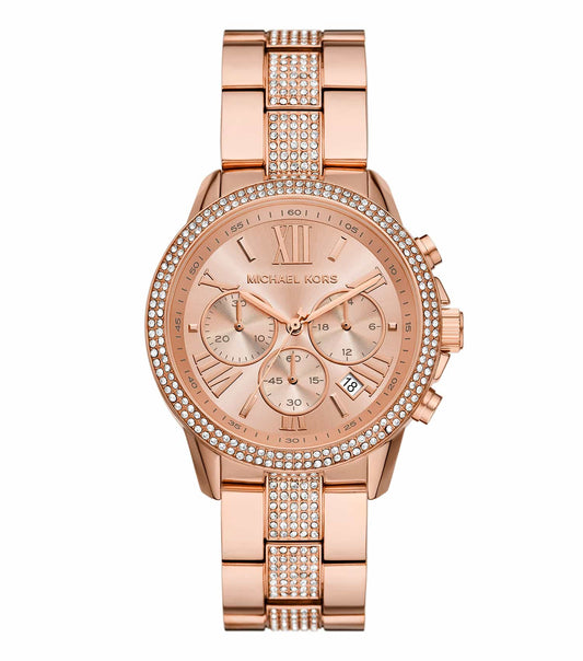Michael Kors quartz-colored watch elegantly displayed at a side angle, highlighting the sleek design and luxurious craftsmanship.