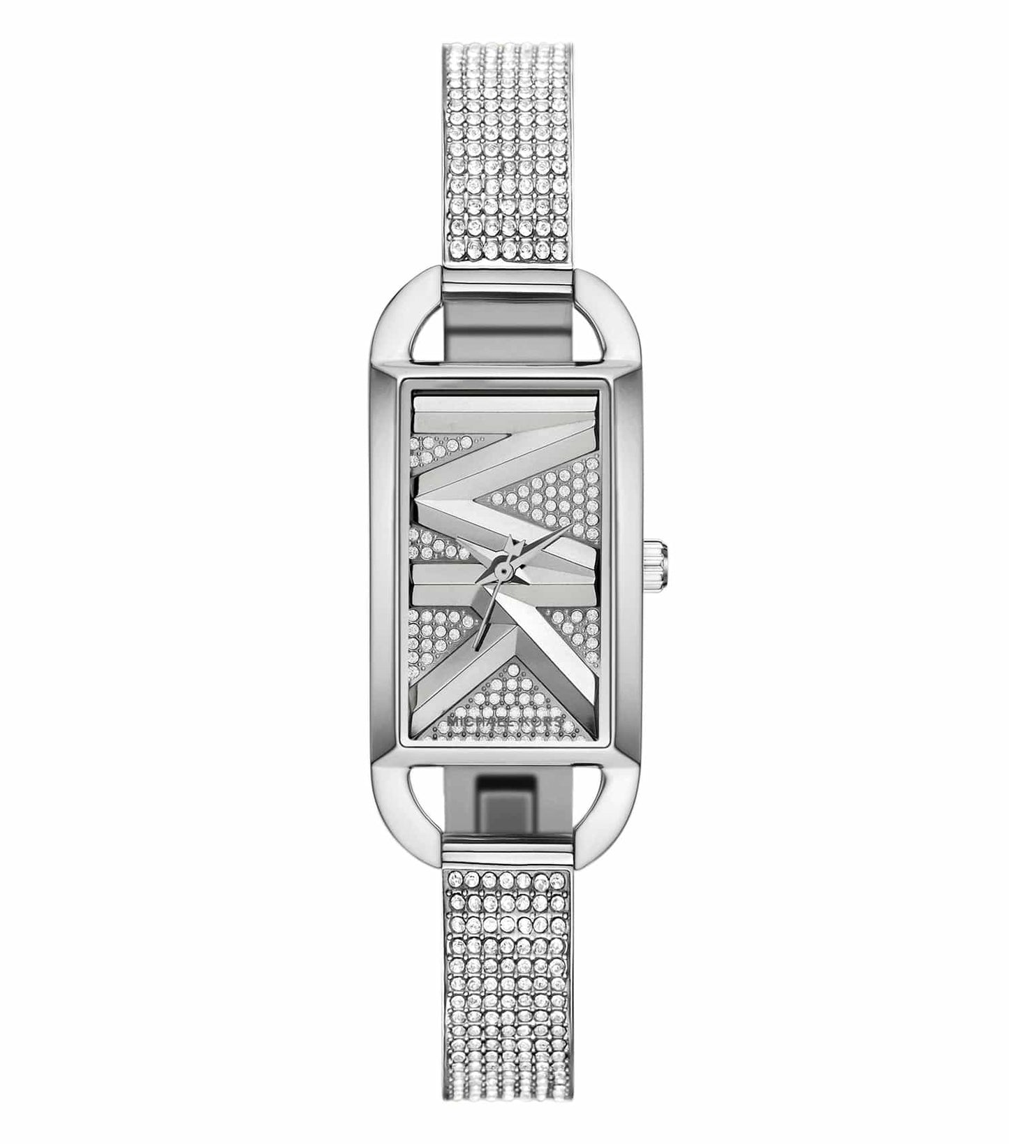 Michael Kors gold watch with a sleek round dial, showcasing elegant roman numerals, side profile angle against a white backdrop.