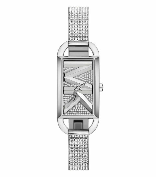 Michael Kors gold watch with a sleek round dial, showcasing elegant roman numerals, side profile angle against a white backdrop.