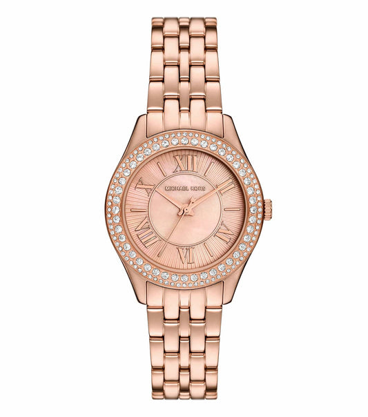 Michael Kors Harlowe watch with quartz color, vibrant dial, elegant gold accents, front angle close-up showcasing luxury design