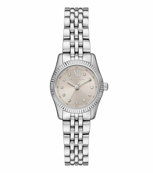 Michael Kors watch in N/A color resting on a surface, showcasing its elegant round face and sleek band from a top-down angle.