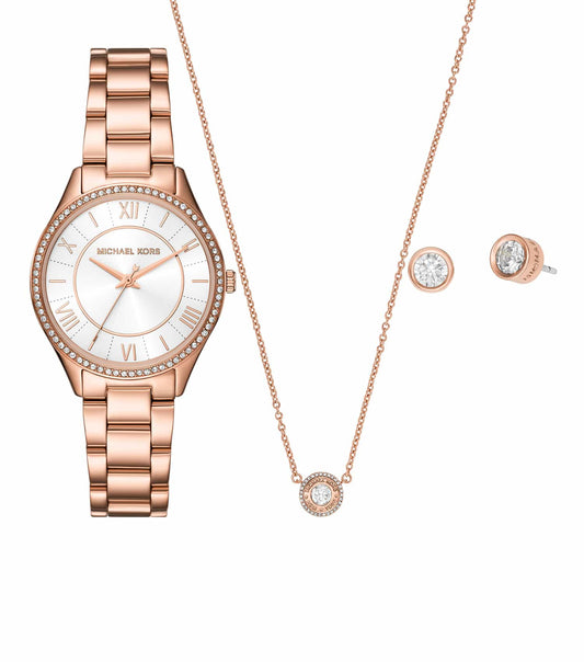 Michael Kors Quartz Watch displayed at a captivating angle, showcasing its sleek design and shimmering golden tones against a neutral backdrop.