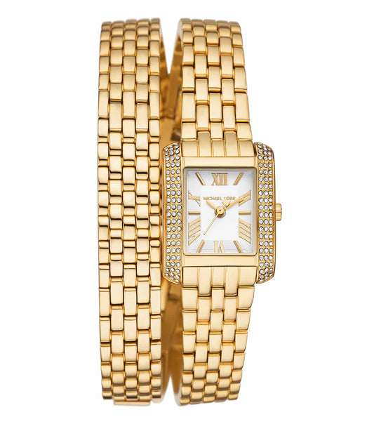 Michael Kors Emery watch in a soft blue with a close-up front view, showcasing its elegant round face and sleek metallic band.