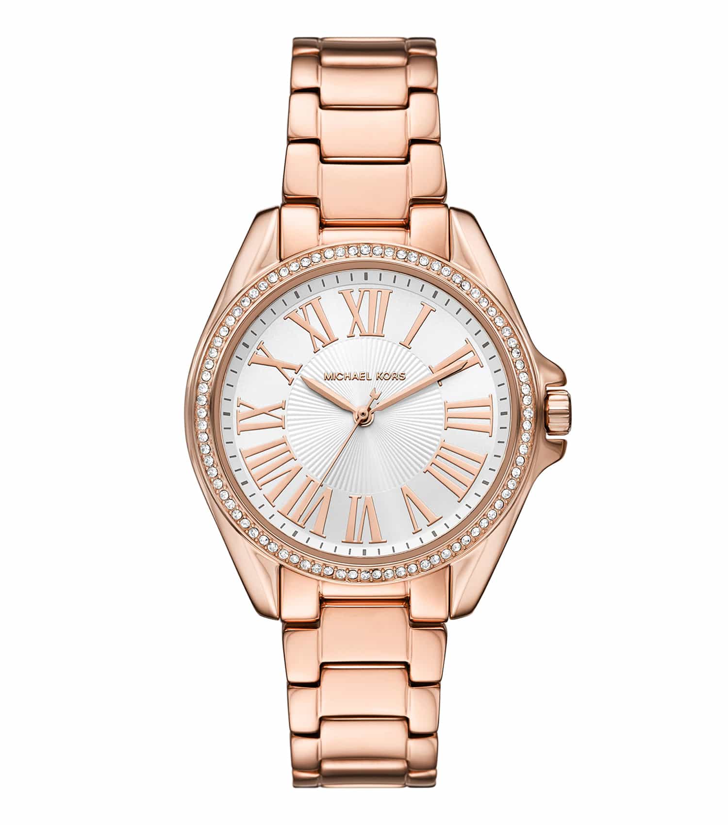 Michael Kors quartz watch with a sleek silver band, white dial, and minimalistic design, photographed from a front angle.
