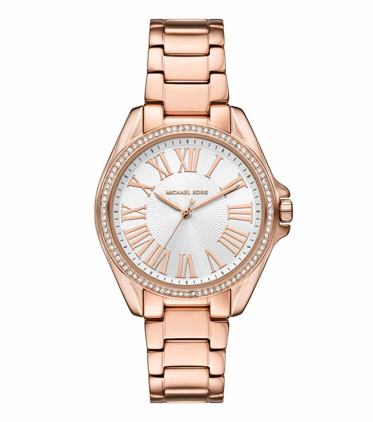 Michael Kors quartz watch with a sleek silver band, white dial, and minimalistic design, photographed from a front angle.