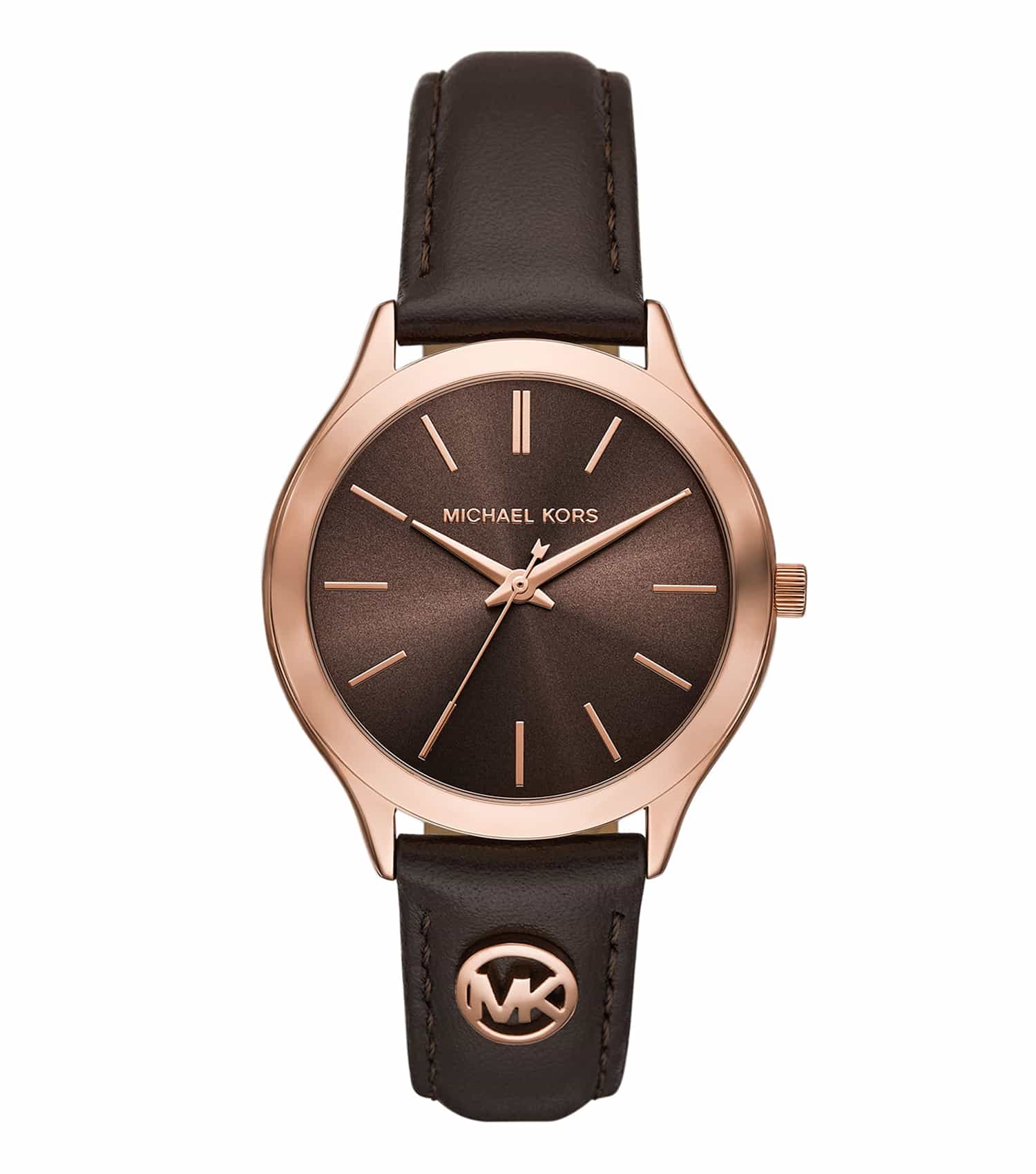 Michael Kors watch in a gold tone, close-up angle, elegant design, one-tone color on white background, luxury timepiece.