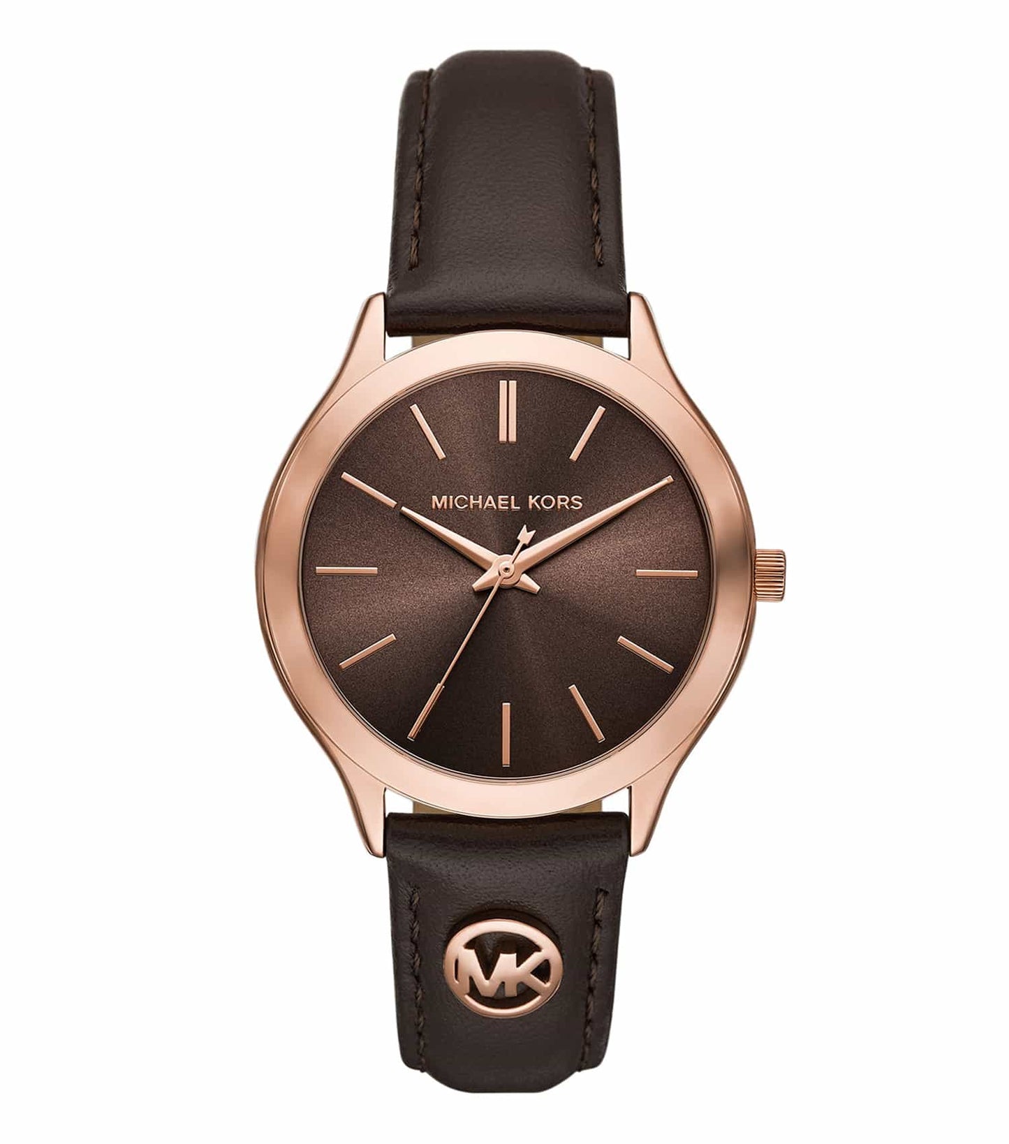 Michael Kors watch in a gold tone, close-up angle, elegant design, one-tone color on white background, luxury timepiece.