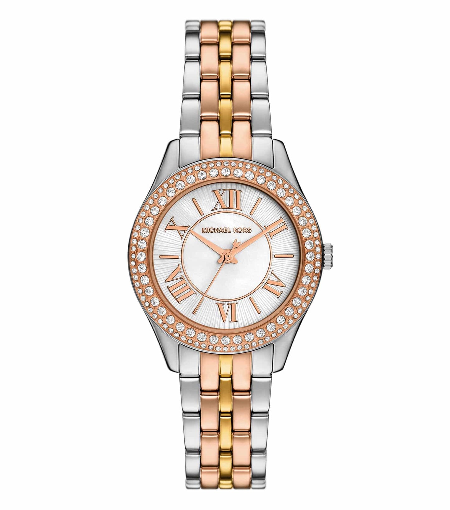 Michael Kors stylish quartz watch with sleek silver finish showcased at a 45-degree angle, reflecting luxury and timeless elegance.