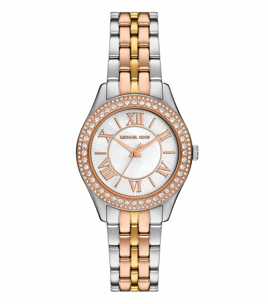 Michael Kors stylish quartz watch with sleek silver finish showcased at a 45-degree angle, reflecting luxury and timeless elegance.