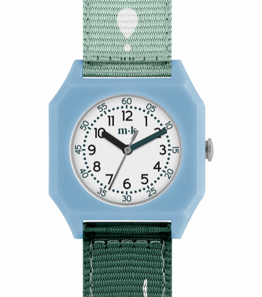 MINI Kyomo Watch in Eucalyptus Rain color, front angle elegantly displays its easygoing flow in vibrant green tones, ideal for trendsetters.