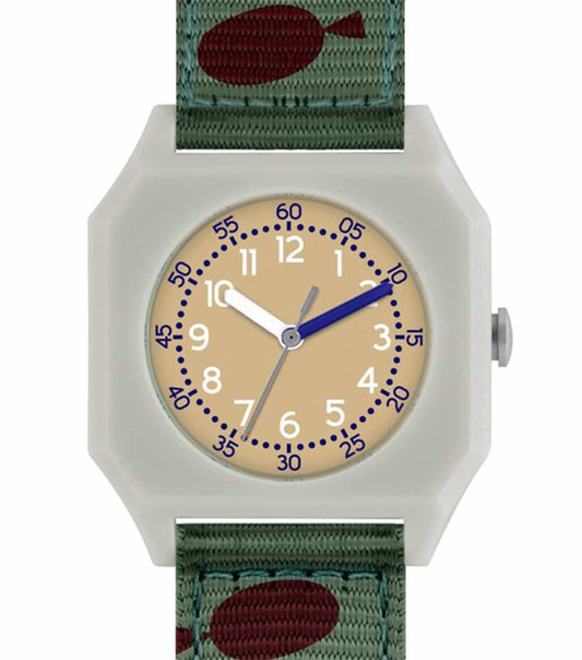 Multicolor watch featuring vibrant design, top view of Mini Kyomo brand, uniquely showcasing style and functionality.