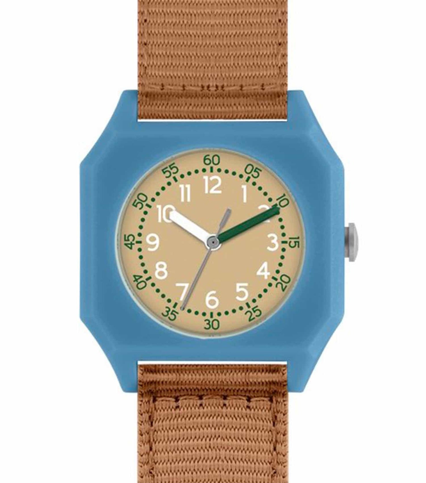 MINI KYOMO watch in Havana Sky color, angled side view, showcasing elegant case, easygoing strap, and charming kid-friendly design.