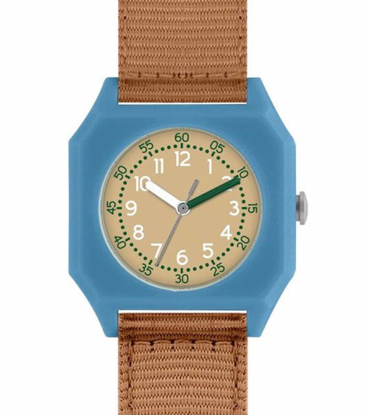 MINI KYOMO watch in Havana Sky color, angled side view, showcasing elegant case, easygoing strap, and charming kid-friendly design.