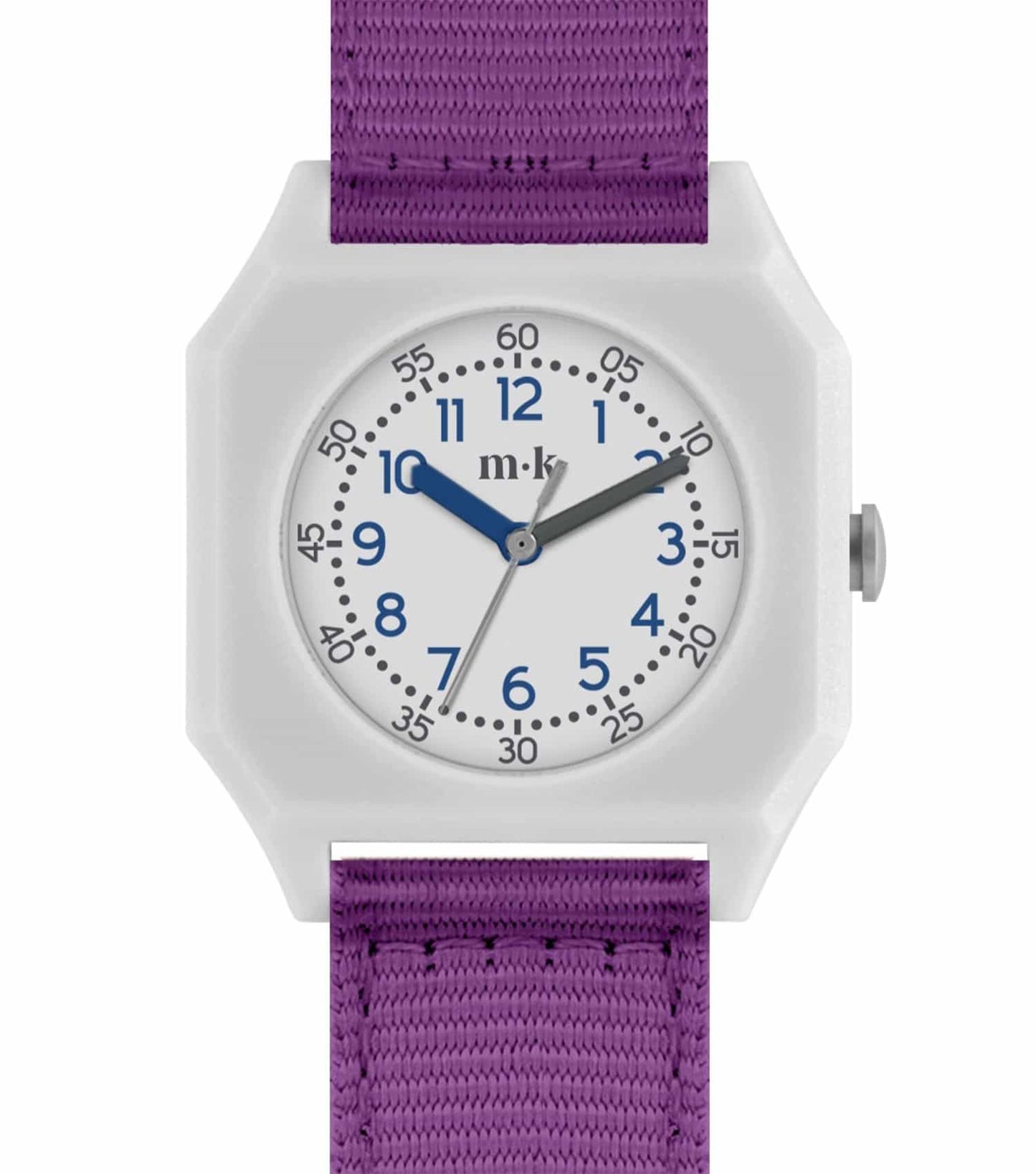 Violet mini kyomo watch with lavender strap, silver accents, angled front view showcasing elegant round dial with playful design.