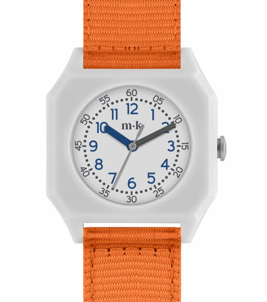 Mini Kyomo Tangerine Watch, side view; vibrant tangerine band and case, minimalist face; trendy timepiece for fashion enthusiasts