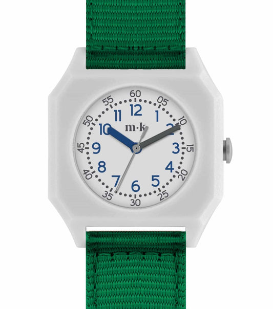 Elegant Mini Kyomo watch in green with comfortable strap, shown from a side angle, emphasizing its minimalist design.