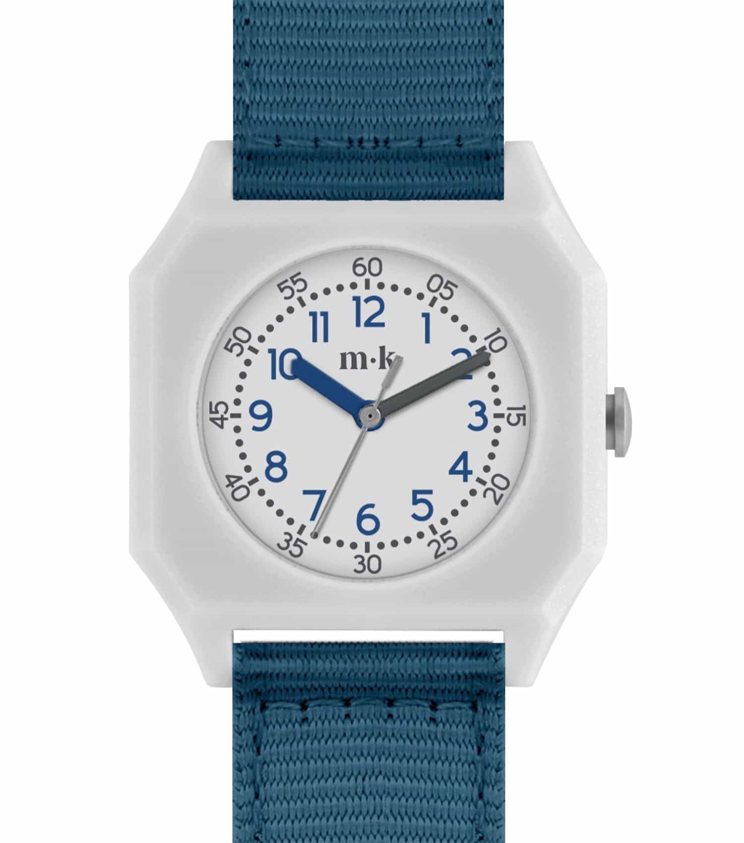 Blue mini kyomo watch with white dial, beige strap, seen from front-left angle, embodying effortless elegance.