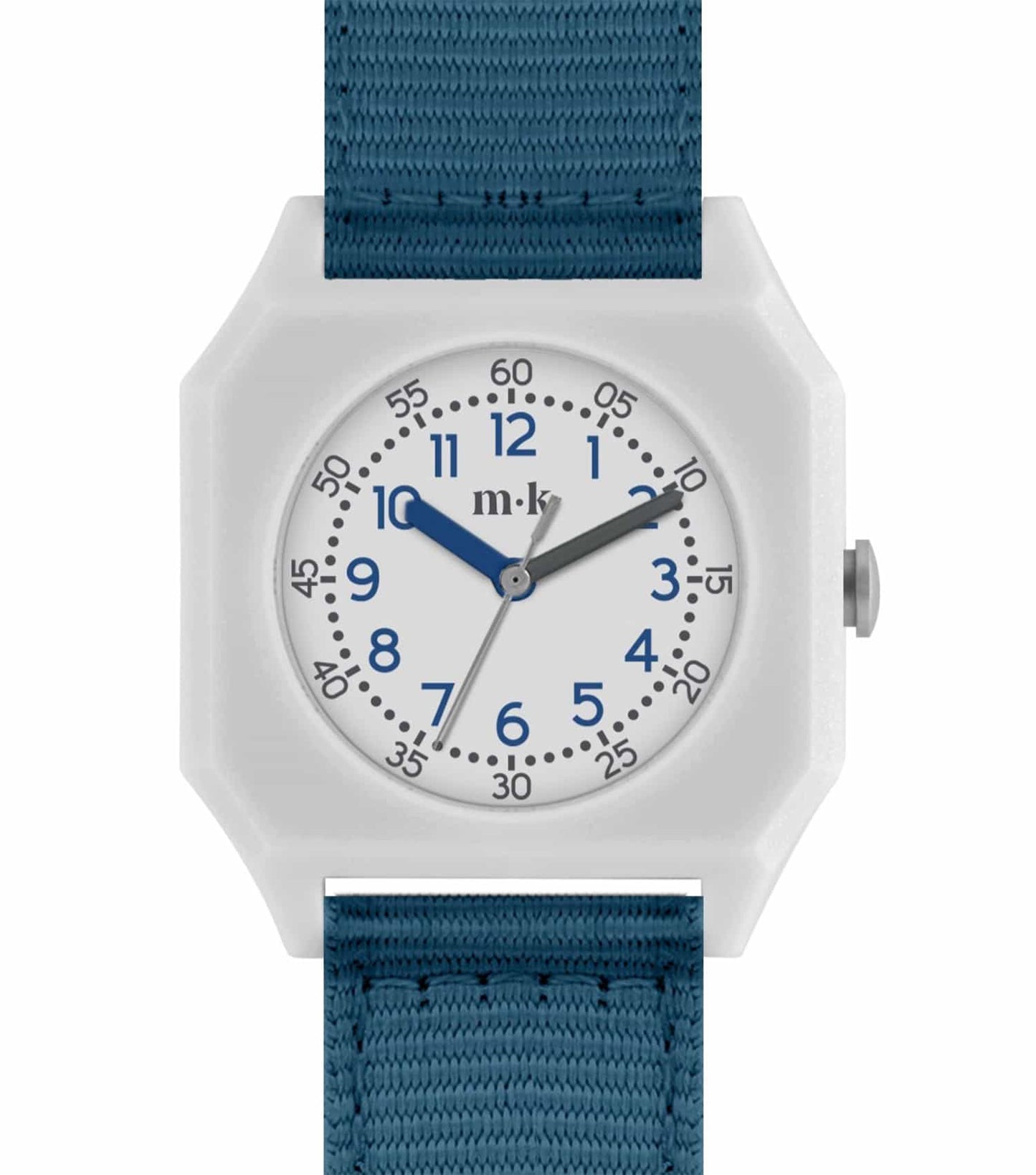 Blue mini kyomo watch with white dial, beige strap, seen from front-left angle, embodying effortless elegance.