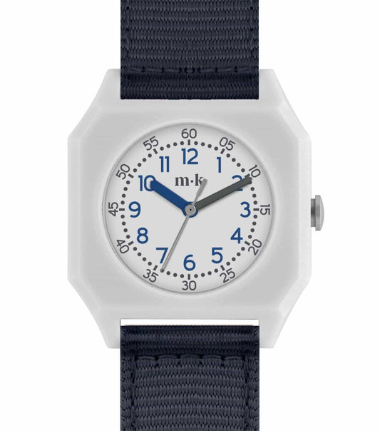 Mini Kyomo navy watch with a front-facing angle, showcasing its minimalist design, elegant strap, and stylish navy color.