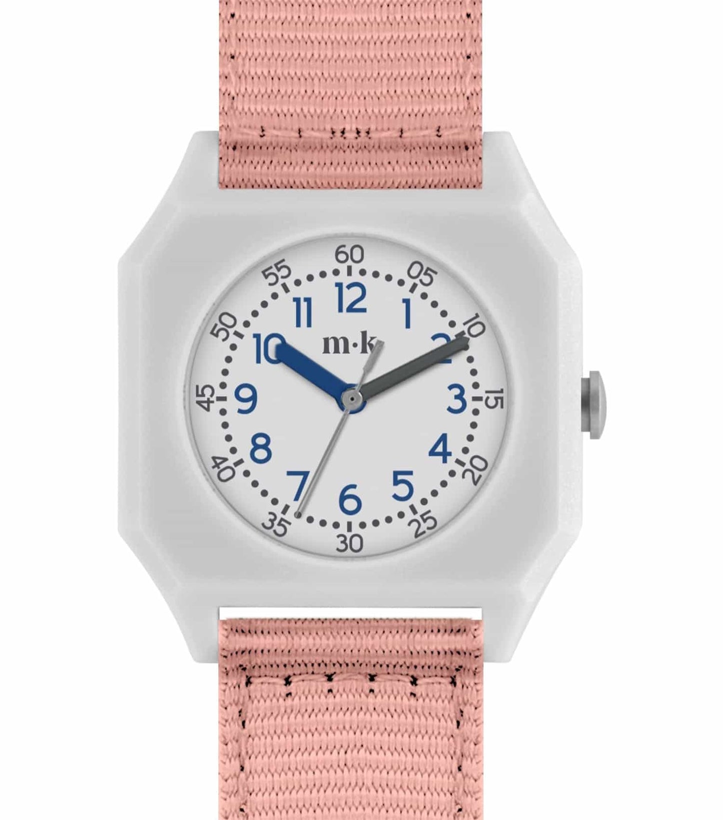 Mini Kyomo blush color watch, stylishly displayed at a front angle, featuring clear dial and comfortable strap, trendy timepiece innovation.