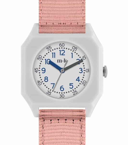 Mini Kyomo blush color watch, stylishly displayed at a front angle, featuring clear dial and comfortable strap, trendy timepiece innovation.