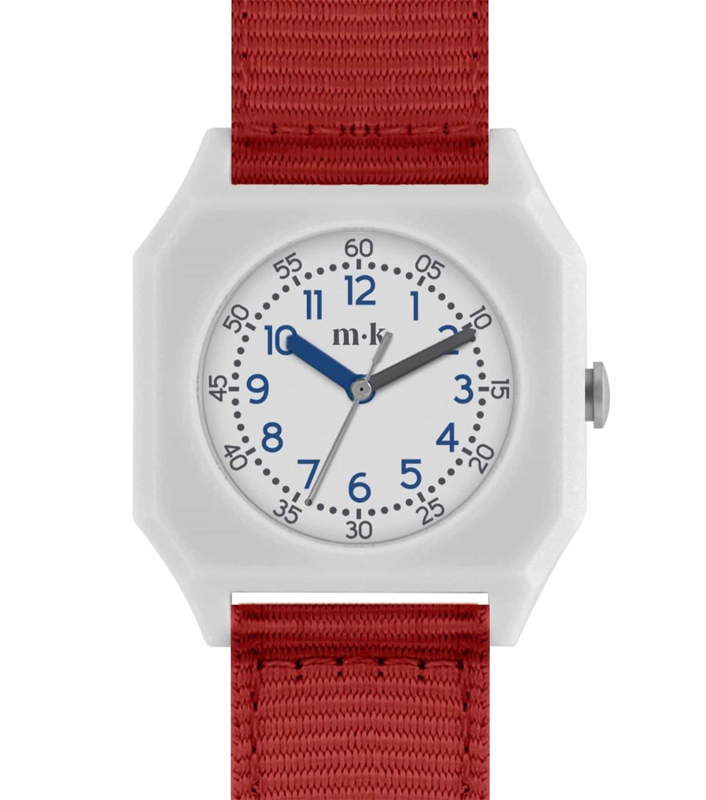 Mini Kyomo scarlet watch with easygoing flow, angled slightly from above, featuring playful design and vibrant strap.