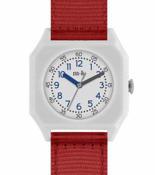 Mini Kyomo scarlet watch with easygoing flow, angled slightly from above, featuring playful design and vibrant strap.