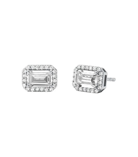 Elegant silver Michael Kors earring with sparkling CZ accents, beautifully captured from a front angle, showcasing its timeless design.