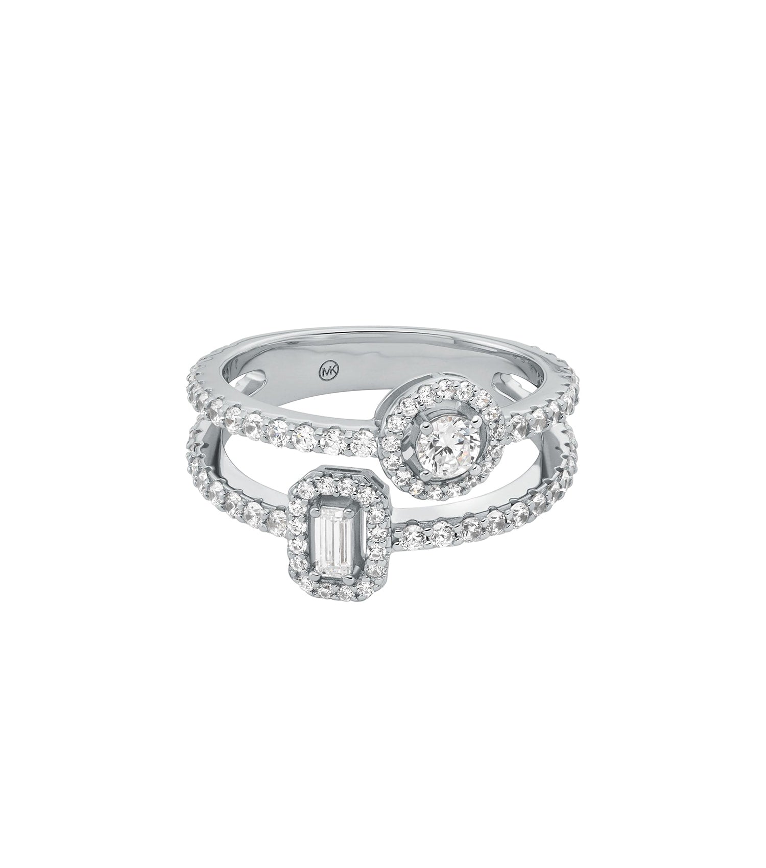 Michael Kors silver ring with sparkling stones, angled front view showing intricate detailing and modern elegance.