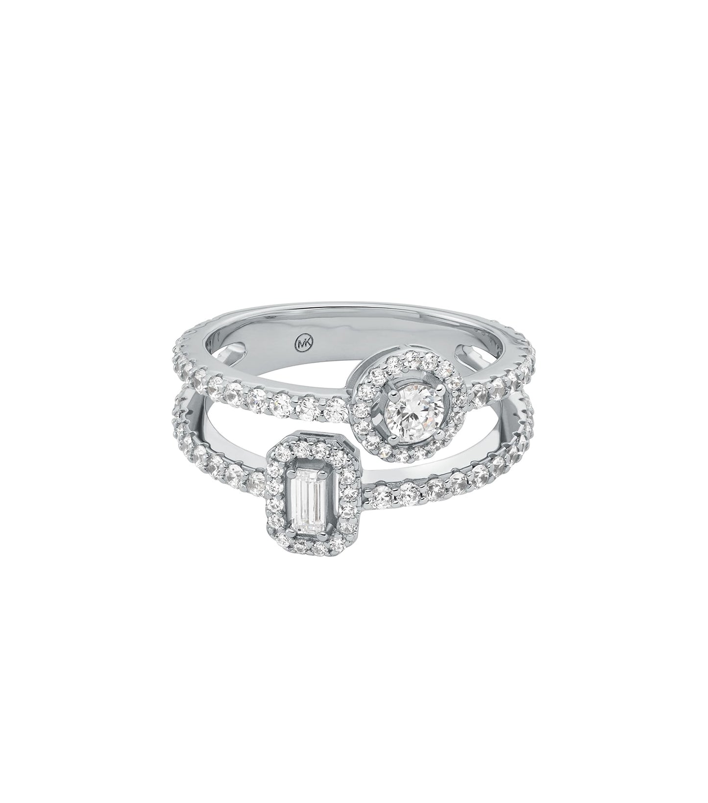 Michael Kors silver ring with sparkling stones, angled front view showing intricate detailing and modern elegance.