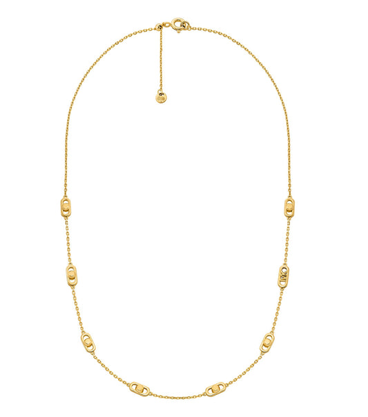 Michael Kors gold necklace, sparkling elegance with chain and pendant, displayed at an angled view for stylish allure.