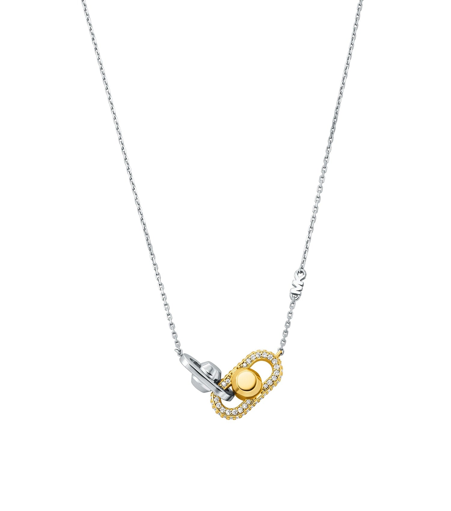 Michael Kors 2-tone necklace, silver and gold hues, showcased at a 45-degree angle, luxurious design in focus