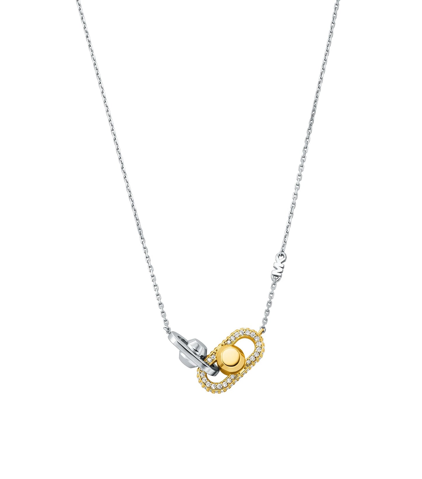 Michael Kors 2-tone necklace, silver and gold hues, showcased at a 45-degree angle, luxurious design in focus