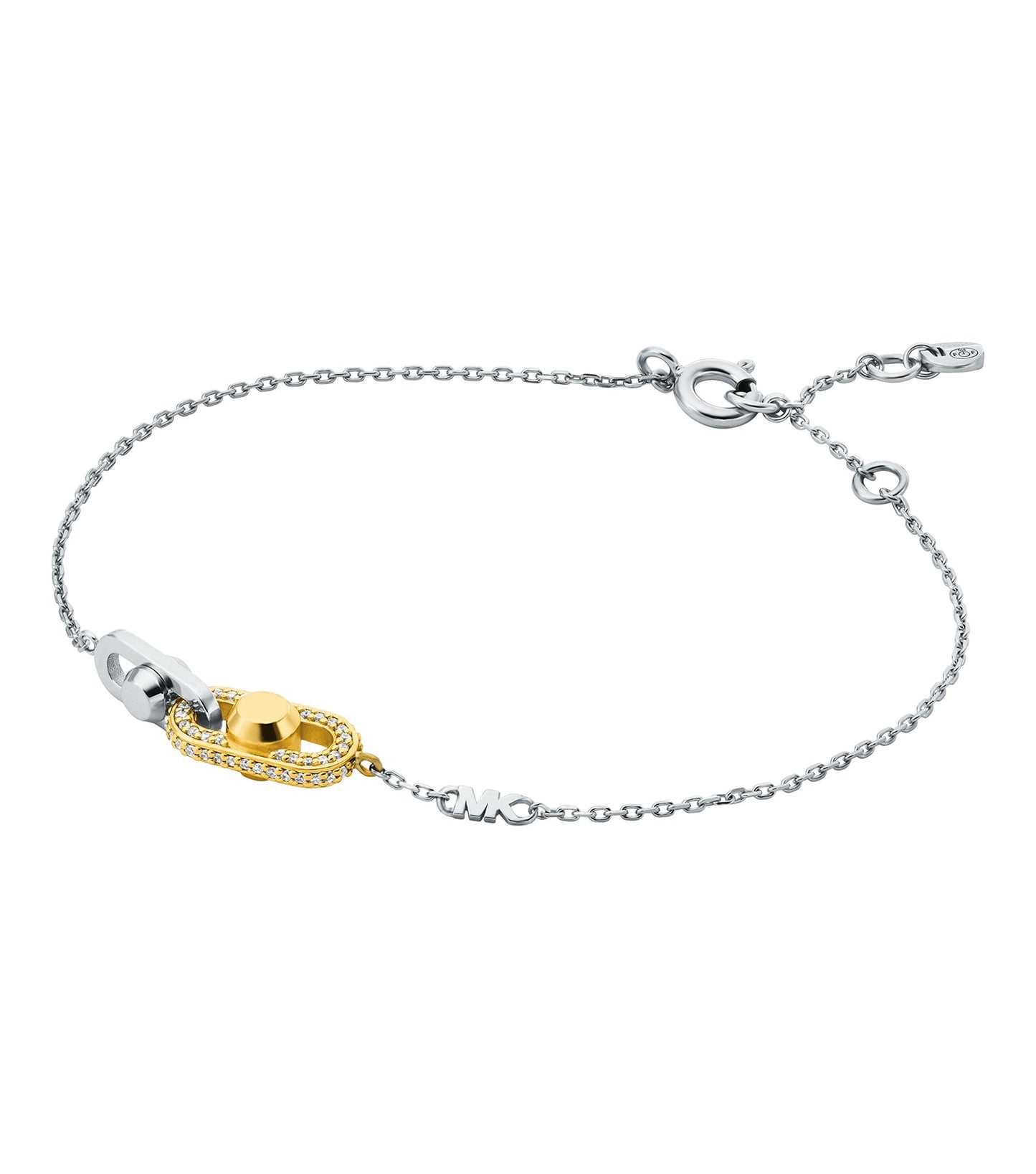 Michael Kors silver bracelet with sparkling crystal accents, presented at a dynamic angle showcasing its elegant craftsmanship.