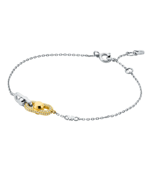 Michael Kors silver bracelet with sparkling crystal accents, presented at a dynamic angle showcasing its elegant craftsmanship.