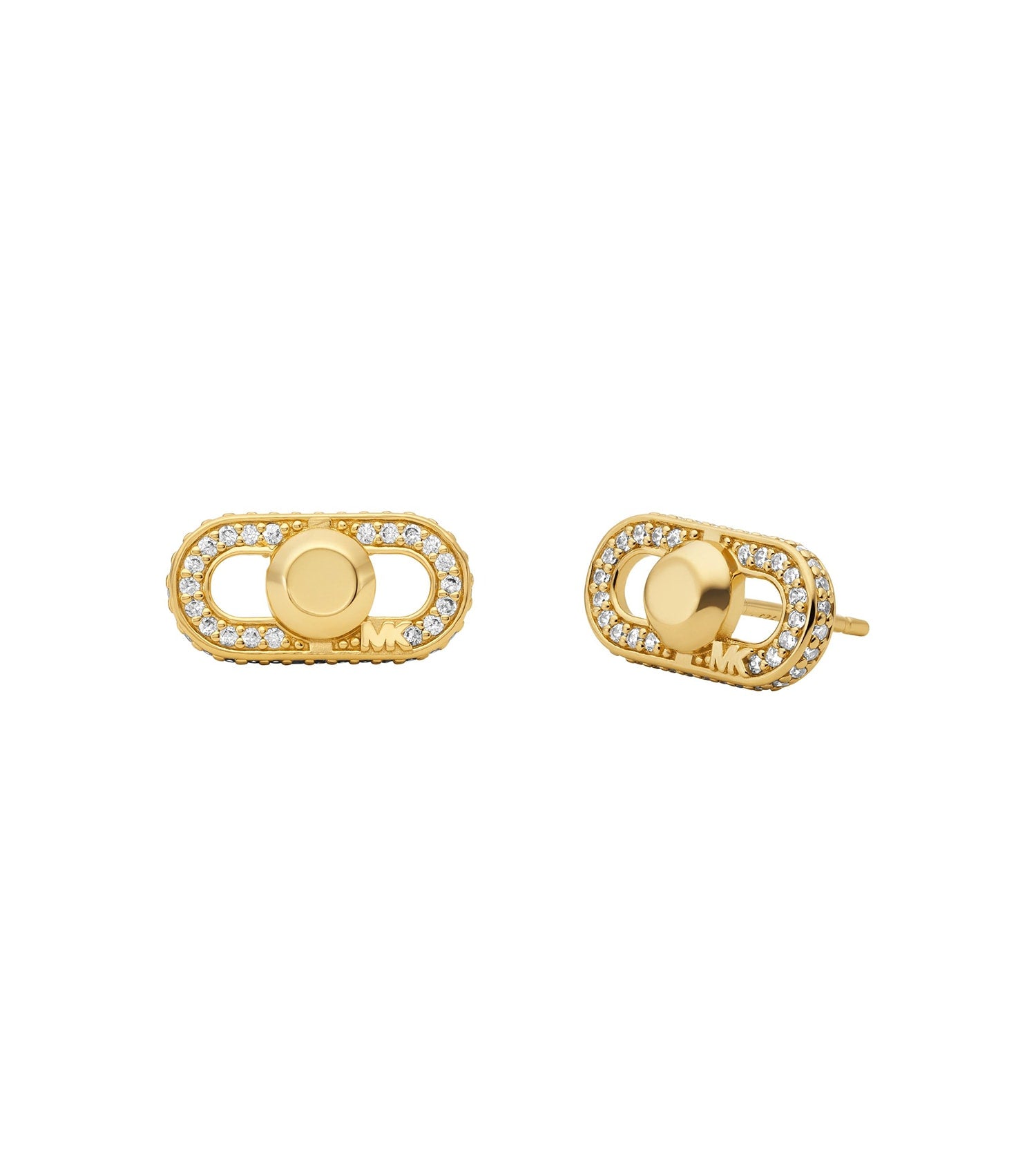 Gold Michael Kors earring with sparkling stones, side view showcasing intricate detailing, perfect for elegant jewelry enthusiasts.