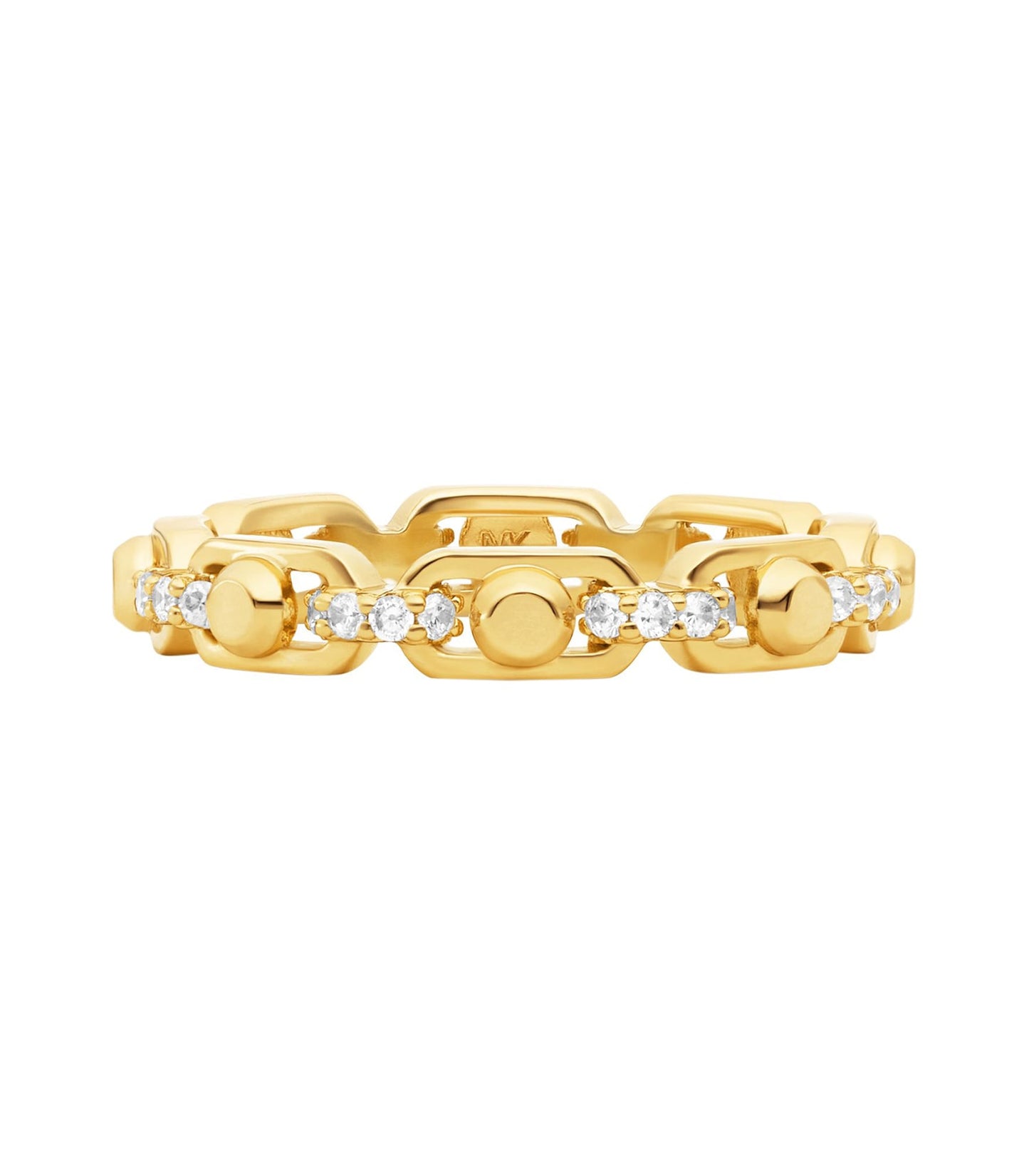 Gold-colored Michael Kors ring with cubic zirconia accents, elegant front angle display, radiating luxury and style.