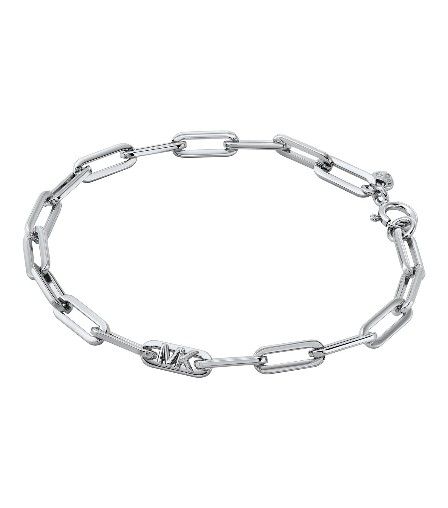 Michael Kors silver bracelet, front view, showcasing an exquisite design with intricate links, capturing a touch of luxury and elegance.