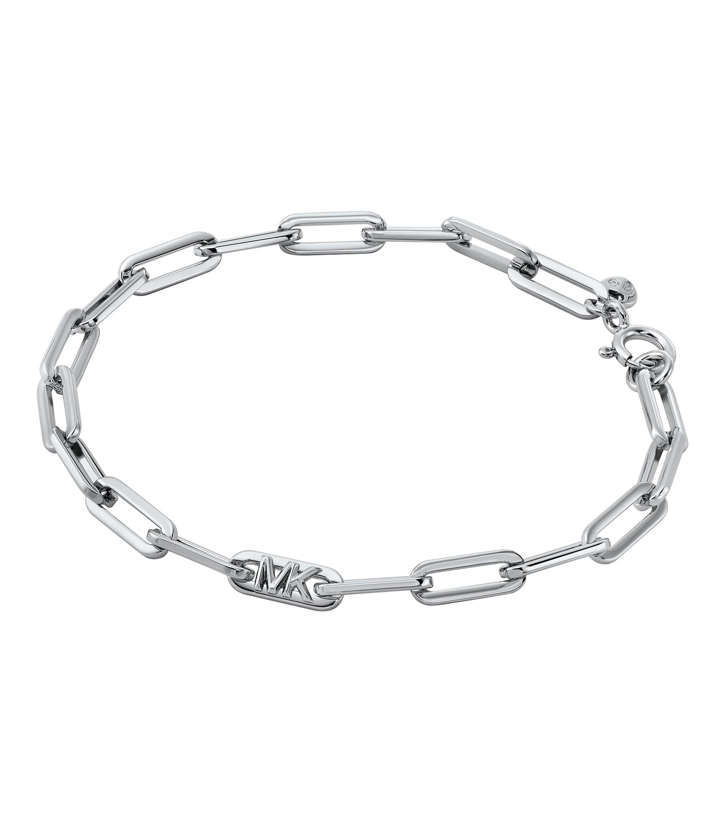 Michael Kors silver bracelet, front view, showcasing an exquisite design with intricate links, capturing a touch of luxury and elegance.