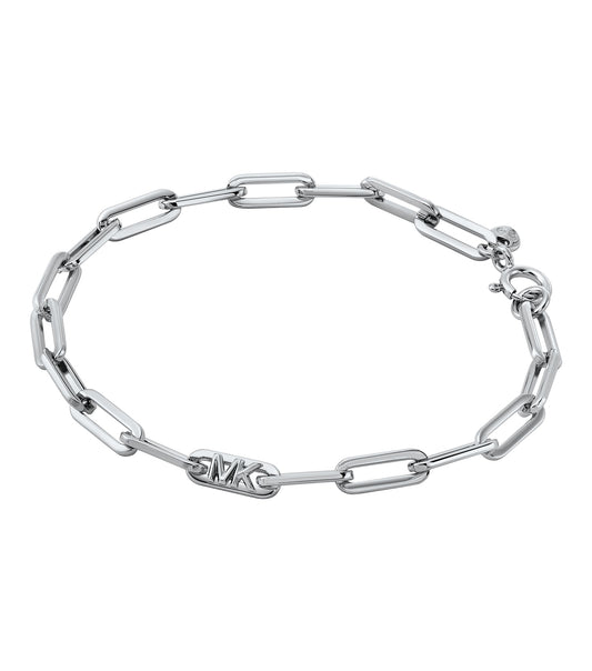 Michael Kors silver bracelet, front view, showcasing an exquisite design with intricate links, capturing a touch of luxury and elegance.