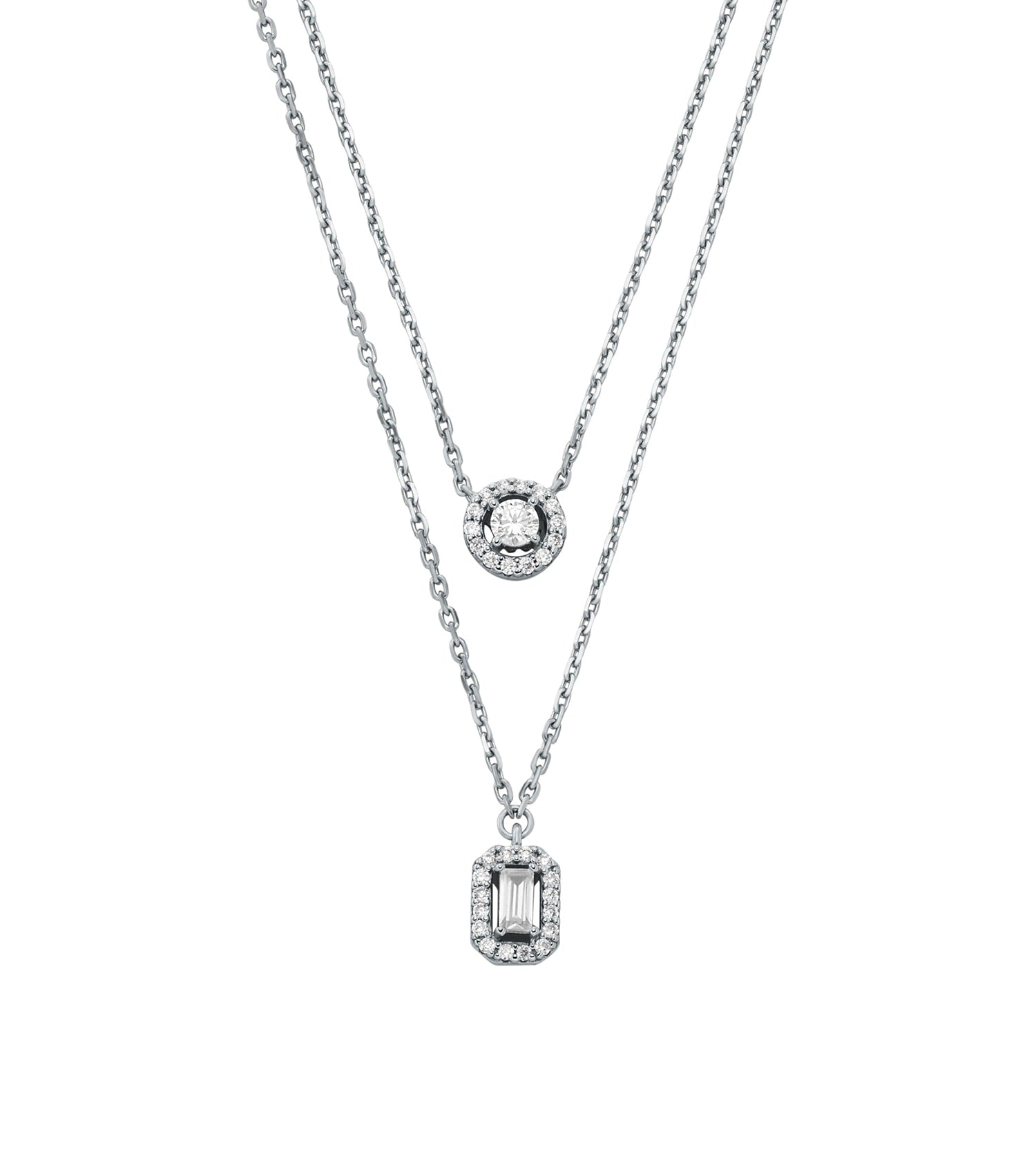 Michael Kors silver necklace front angle view showcasing elegant design with sparkling stones and adjustable clasp.